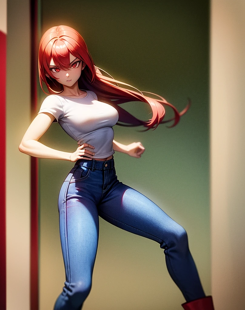 young girl, good body, sexy body, bright red hair, long hair, with bright red eyes, bright Eyes, White shirt, bright blue denim pants, short brown boots with white, standing, pose standing, eyes with red edges, eyes with red lines