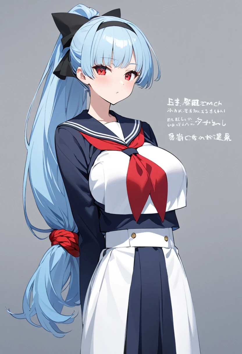 My name is Yukiko.I am a white test woman with long light blue hair,red eye color.I am 1.62 cm tall . My breasts measure 200 cm, my waist 40 cm and my hips 200 cm. Dressed in the navy blue Sailor Fuku uniform and her hair tied up in a ponytail along with a headband. With big breasts 200 cm