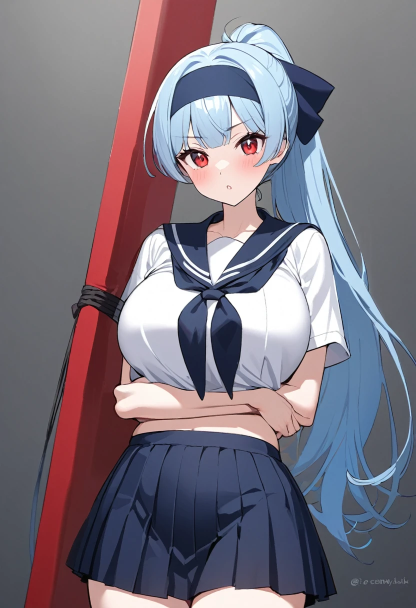 My name is Yukiko.I am a white test woman with long light blue hair,red eye color.I am 1.62 cm tall . My breasts measure 200 cm, my waist 40 cm and my hips 200 cm. Dressed in the navy blue Sailor Fuku uniform and her hair tied up in a ponytail along with a headband. With big breasts 200 cm