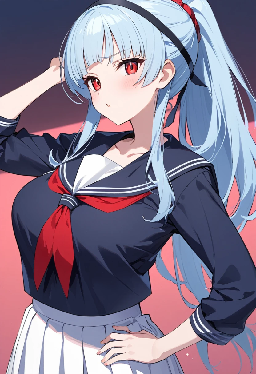 My name is Yukiko.I am a white test woman with long light blue hair,red eye color.I am 1.62 cm tall . My breasts measure 200 cm, my waist 40 cm and my hips 200 cm. Dressed in the navy blue Sailor Fuku uniform and her hair tied up in a ponytail along with a headband. With big breasts 200 cm
