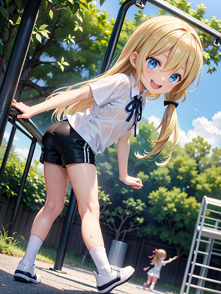 10 and 8 year old girls、blonde, Long Hair, blue eyes, Black Hair Ribbon, white shorts, spats, Happy, Hilarious, Day, outside, White shoes, flat, short, Playing on the jungle gym in the park、Wet with sweat