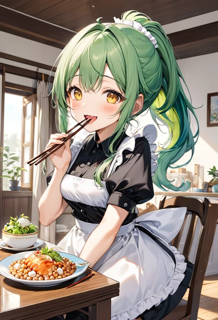 (eating style) (solo:2, 15 yo, ponytail green hair long hair cute girl, cute yellow eyes, cute open mouth, use chopsticks, Eating natto in mouth, happy smile, medium tits), (in a summer maid clothes), break, in the livingroom, BREAK, perfect anatomy, masterpiece, best quality, 16k, beautiful detailed grow, daydreaming expression.