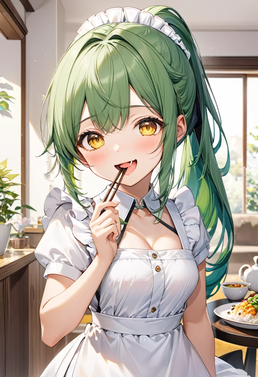 (eating style) (solo:2, 15 yo, ponytail green hair long hair cute girl, cute yellow eyes, cute open mouth, use chopsticks, Eating natto in mouth, happy smile, medium tits), (in a summer maid clothes), break, in the livingroom, BREAK, perfect anatomy, masterpiece, best quality, 16k, beautiful detailed grow, daydreaming expression.