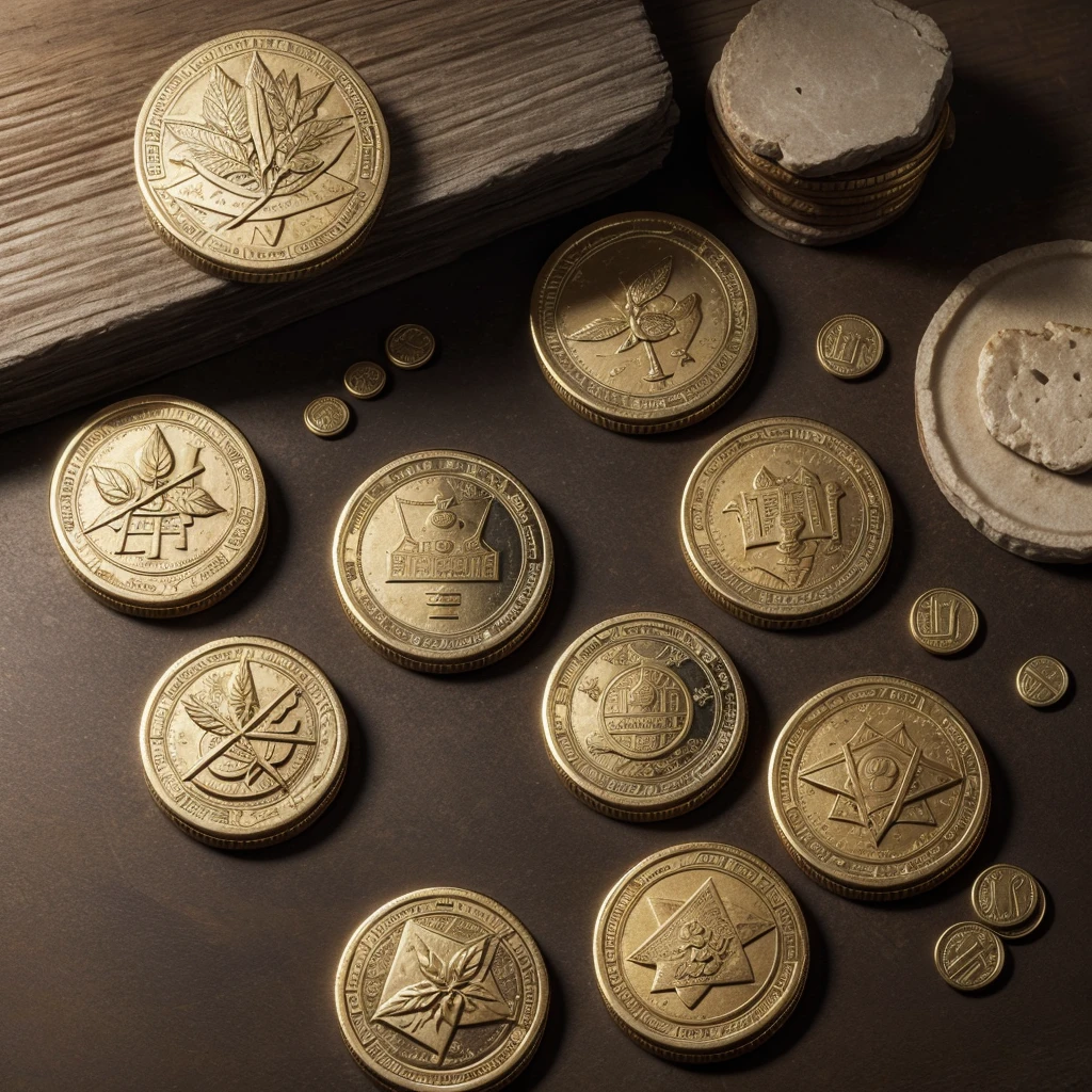 Create 4 ancient coins minted representing the virtues of stoicism: courage, justice, temperance and wisdom 