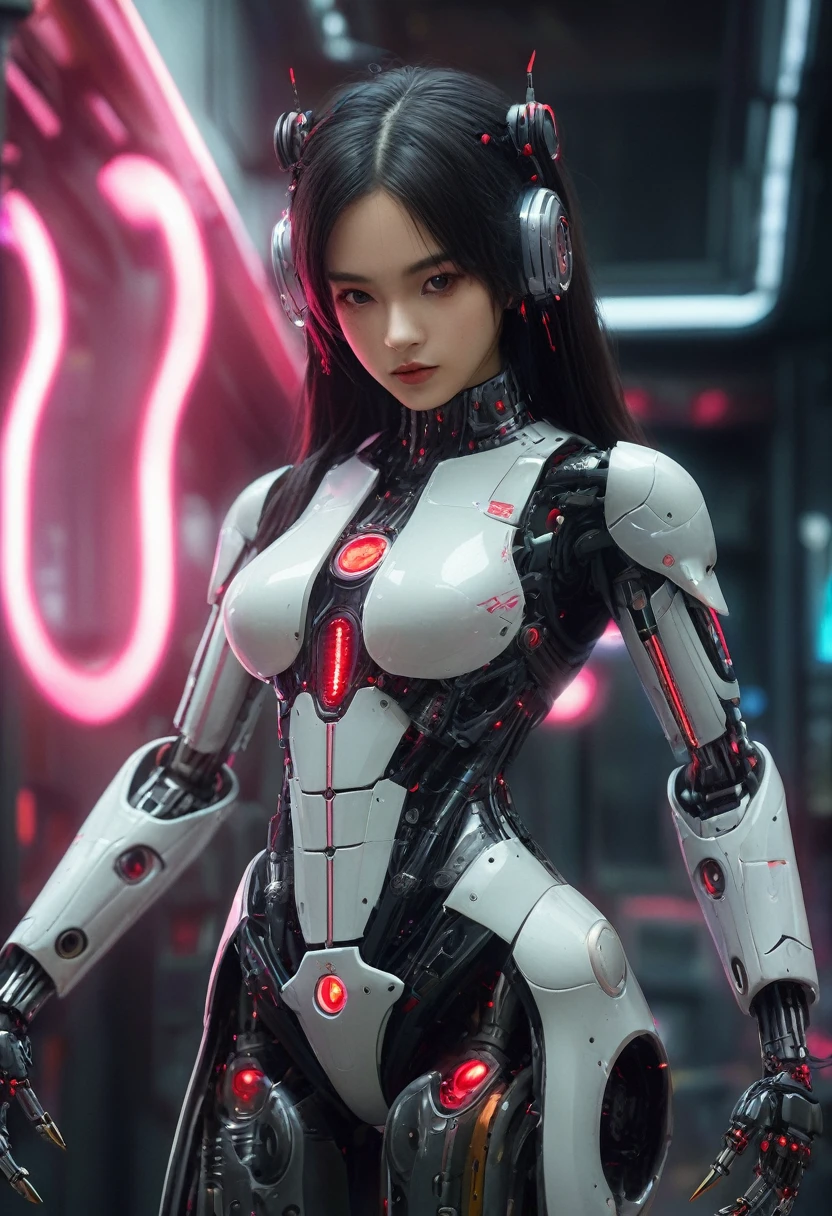 xxmixgirl. Highly detailed professional 35mm film, bokeh, face in sharp focus. A robotic female, Miku, with ((metal skin)), ((perfect Asian eyes)) with magenta irises and ((black pupils)), beautiful serious (detailed face), 18 year old ((photorealistic face)), very long magenta twin tails of magenta hair, twin black hair ties with a single red stripe. She may have a black audio headpiece. We can see her ((full body)) down to her boot soles. Her outfit is a sleeveless collared light grey shirt, outlined in red around the frilled collar and hems. Shiny reflective ((metallic breast cups, dimpleless)), invisible nipples. She wears black sleeves with red hems that start around her upper arm and bellow out as the sleeves open and extend to her wrists, with wide trumpet red rimmed cuffs. She has perfect robotic (detailed hands). She wears a red colored tie with two horizontal solid parallel black lines halfway across. She wears a fabric black skirt with a horizontal red hem at the bottom all the way around; her (((black skirt wraps around her))) and ((her skirt completely covers)) her robotic waist and thighs. Tall black boots with red bottom soles, a red rim around the top at her thighs. Her mechanical shoulder joints are visible. We can see her robotic legs and robotic neck. Half of her is covered with shiny polished machinery. The background is a distant dark neon futuristic Japanese city, gold, cyan, violet neon, near harbor or mountains.