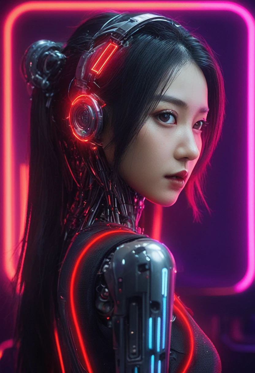 xxmixgirl. Highly detailed professional 35mm film, bokeh, face in sharp focus. A robotic female, Miku, with ((metal skin)), ((perfect Asian eyes)) with magenta irises and ((black pupils)), beautiful serious (detailed face), 18 year old ((photorealistic face)), very long magenta twin tails of magenta hair, twin black hair ties with a single red stripe. She may have a black audio headpiece. We can see her ((full body)) down to her boot soles. Her outfit is a sleeveless collared light grey shirt, outlined in red around the frilled collar and hems. Shiny reflective ((metallic breast cups, dimpleless)), invisible nipples. She wears black sleeves with red hems that start around her upper arm and bellow out as the sleeves open and extend to her wrists, with wide trumpet red rimmed cuffs. She has perfect robotic (detailed hands). She wears a red colored tie with two horizontal solid parallel black lines halfway across. She wears a fabric black skirt with a horizontal red hem at the bottom all the way around; her (((black skirt wraps around her))) and ((her skirt completely covers)) her robotic waist and thighs. Tall black boots with red bottom soles, a red rim around the top at her thighs. Her mechanical shoulder joints are visible. We can see her robotic legs and robotic neck. Half of her is covered with shiny polished machinery. The background is a distant dark neon futuristic Japanese city, gold, cyan, violet neon, near harbor or mountains.