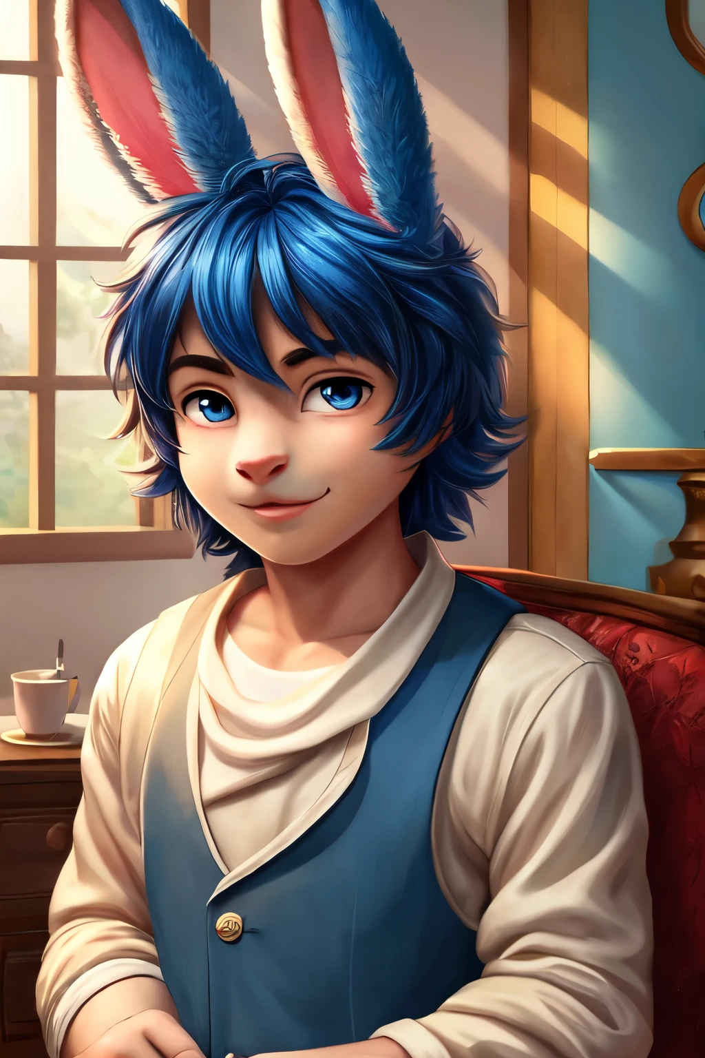 ((best quality)), ((masterpiece)), (detailed), blue bunny boy, young adult, fluffy