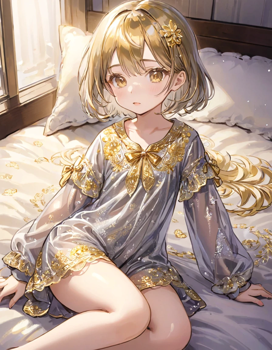 8-year-old girl, １people、Pajamas、Gold and silver thread embroidery、Wearing semi-transparent bloomers that reach down to the knees、Translucent slip