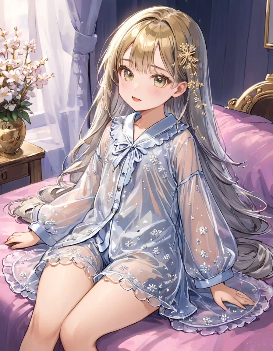 8-year-old girl, 1people、Pajamas、Gold and silver thread embroidery、Wearing semi-transparent bloomers that reach down to the knees、Translucent slip