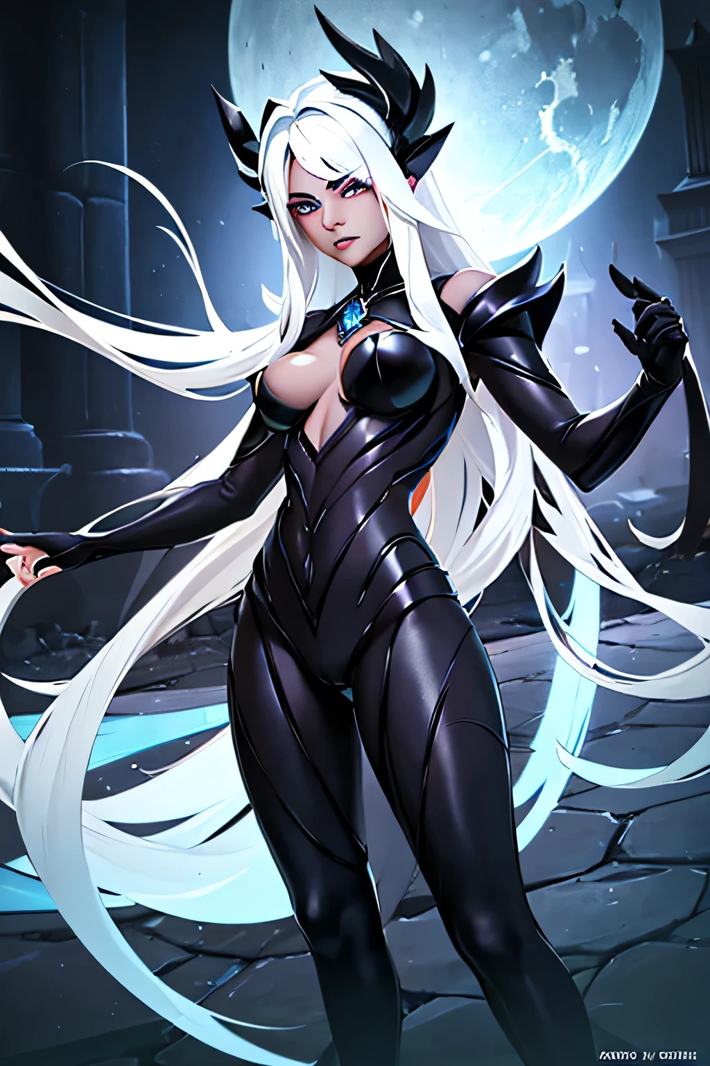 New photo of Syndra, defined body, white  hair, breasts big, big glutes,facing the camera, malignant aura, standing, black energy ball in the palm, in town, devilish face, nsfw, fighting pose, (ultra detaild, face detailed, Beautiful  eyes)