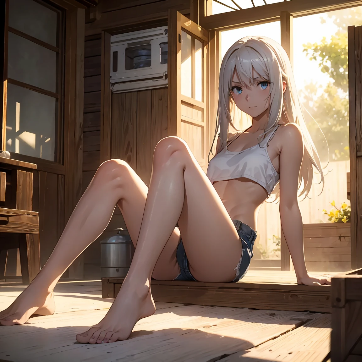 Browsing Caution (Highest quality:1.5, High resolution, 超High resolution, 4K, Detailed lighting, Shaders)(masterpiece:1.2), Very detailed, Illyasviel von Einzbern {{Red colored eyes}}++ alone, Cowboy Shot,Long Hair, Gray Hair, Red eyes, White tank top Denim shorts M-shaped foot sneer Beautiful beaches Realistic sun rays topless Completely naked Please roll up your shirt Sweat Outdoor