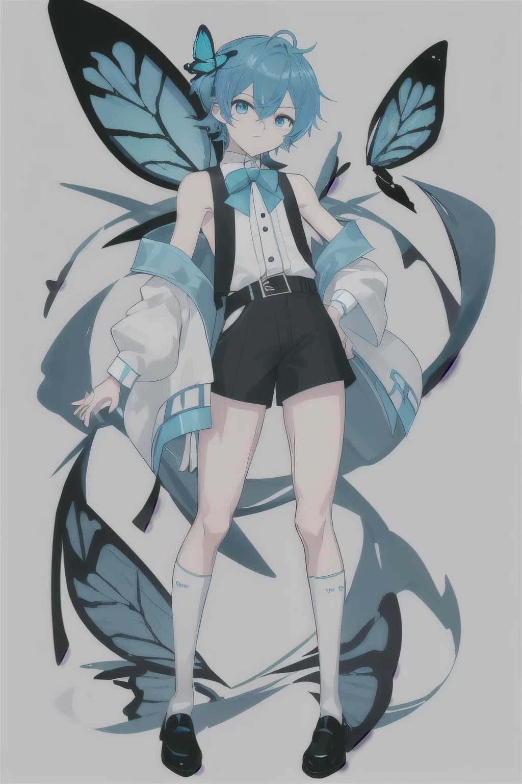 A yong boy whit short stature, with a small muscular structure, full thighs, having light blue eyes and dark blue hair. He usually fastens his hair with a cyan butterfly bow behind his head.
In terms of clothing, Lloyd usually wears a white blouse with embroidery in the middle and a cyan band on the sleeves. He complements the look with a closed cyan vest, which has four buttons on the four upper and lower sides. Below, he wears short shorts of the same color, which is held by two belts - one on each side - that go down to the shoulder and goes down to behind the shorts. Her white socks extend to her knees, while her dark-colored shoes are closed with a type of velcro.