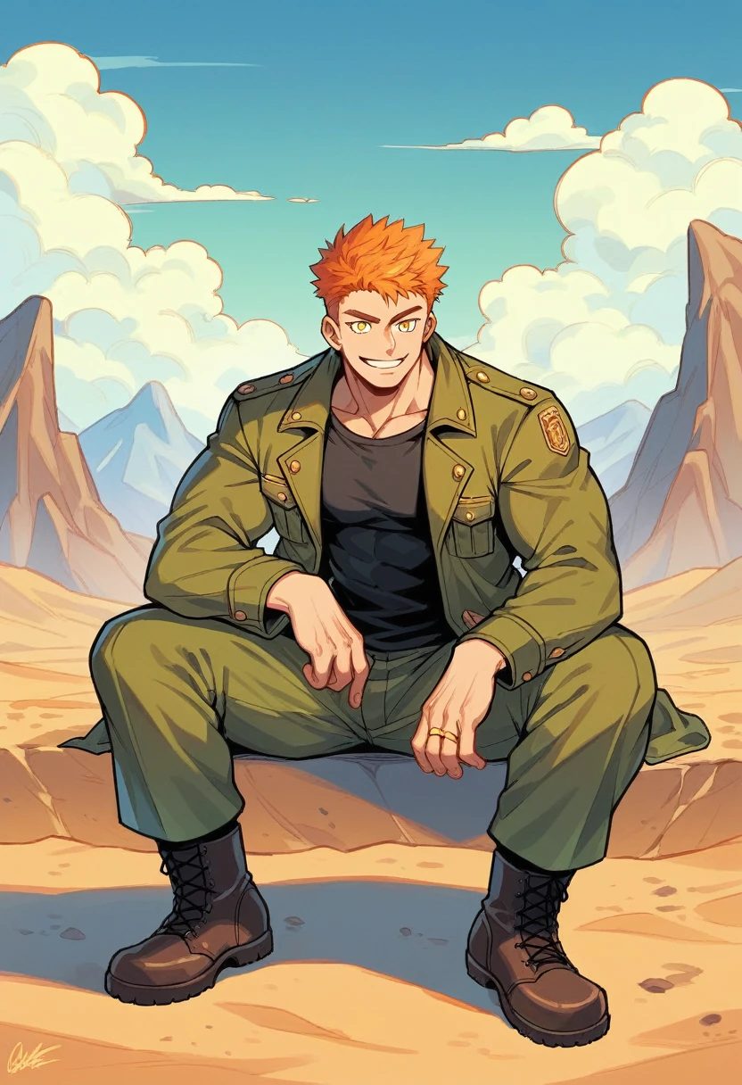 Muscular man, defined body, Gold rings on every finger, Light blue gangster jacket, Black shirt under the jacket, Green long army pants, Brown military boots, Wicked Smile, Orange spiky hair, Messy Hair, short hair, Yellow Eyes, Big Mountain々Desert landscape with clouds, Scenery with monsters around.