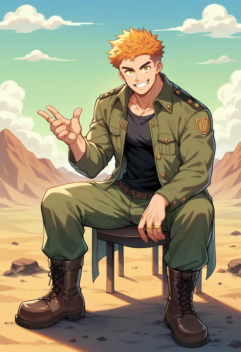 Muscular man, defined body, Gold rings on every finger, Light blue gangster jacket, Black shirt under the jacket, Green long army pants, Brown military boots, Wicked Smile, Orange spiky hair, Messy Hair, short hair, Yellow Eyes, Big Mountain々Desert landscape with clouds, Scenery with monsters around.