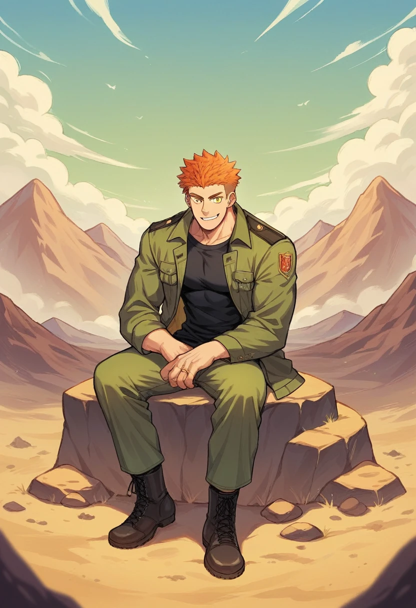 Muscular man, defined body, Gold rings on every finger, Light blue gangster jacket, Black shirt under the jacket, Green long army pants, Brown military boots, Wicked Smile, Orange spiky hair, Messy Hair, short hair, Yellow Eyes, Big Mountain々Desert landscape with clouds, Scenery with monsters around.
