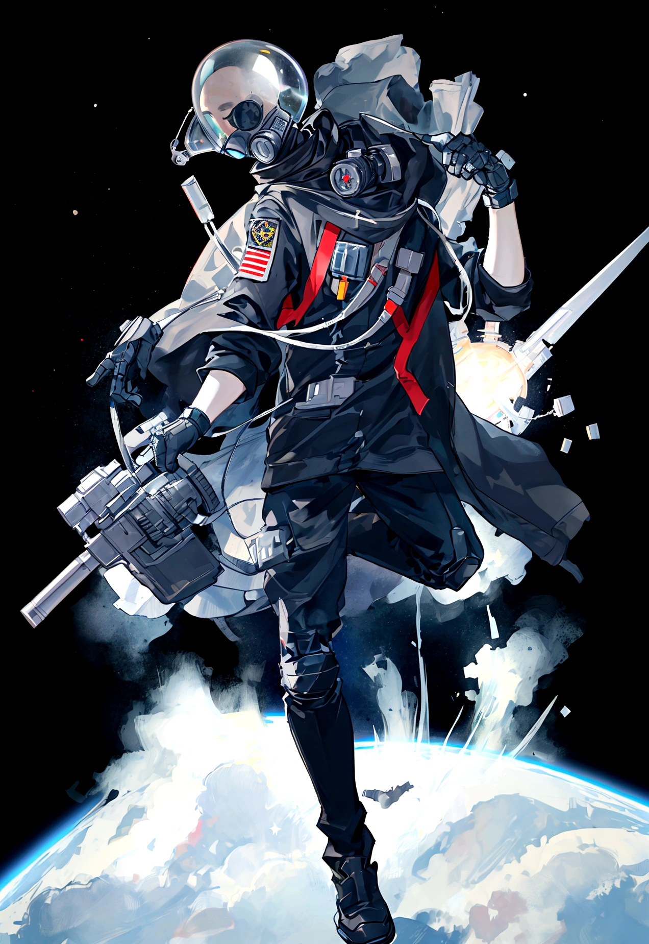 undead astronaut floating in space, gasmask , void of stars in the background