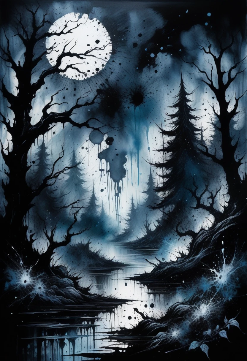 (((Dark fantasy ink splatter art:1.3))), Shabby Man, A fascinating and beautiful landscape appears, Chaotic black strokes ink splashes, Exquisite detail in a fantasy forest world, Otherworldly creatures, Insane beauty, Detailed brushwork, Every stroke creates a captivating atmosphere, Great creation, Ink painting or oil painting, Masterful detail, Pure brilliance, Spooky ink splatter coating,