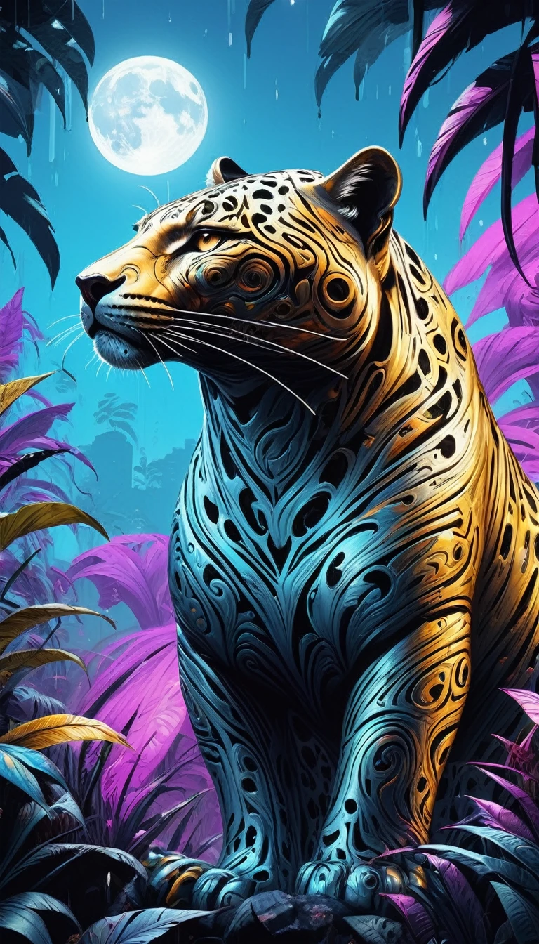 Dream illustration, Fairytale-like, oil, 8K, High resolution, (d4m4scusスタイル:1.3) The giant leopard roared, background, downpour, Beautiful and lush tropical rainforest, High resolution, Golden, Light blue, Light violet, Moonshine Color, full moon, Chilly lighting atmosphere (Digital drawing:1.2), Comic book style, Toon You Style, Illustrative Funk, Counterwave Graffiti, Perspective, Extreme face close up, T-Shirt Graphics, Ultra High resolution, Realistic, Vibrant colors, Very detailed, Ultra High resolution drawing, Pen and ink, Perfect composition, Beautiful and sophisticated、Highly detailed Octane renderings are trending on Art Station, 8K Art Photography, Photorealistic concept art, Perfect cinematic light with soft, natural volume, d4m4scus