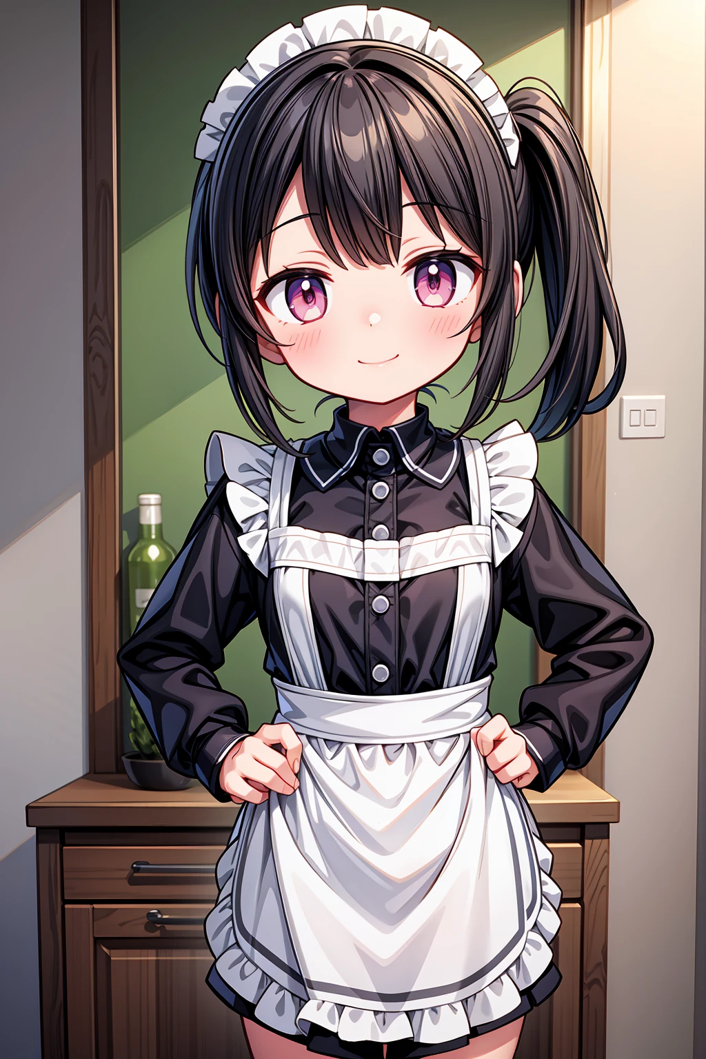 (Highest image quality), (highest quality), (masterpiece), (dynamic lighting), (photo realism), maid uniform, detailed face, (()), ((girl)), (little curve), short black hair, one side ponytail hairstyle, pink eyes, ((very small bust)), (apron), smile, winking, kitchen background, ((very blushing)), ((detailed hands and fingers)), hands on the hips, viewer perspective from below, (blush), more detailed