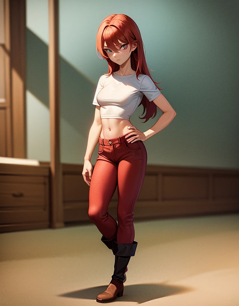 young girl, good body, sexy body, bright red hair, long hair, with bright red eyes, bright Eyes, White shirt, bright blue denim pants, short brown boots with white, standing, pose standing, eyes with red edges, eyes with red lines, eyes with red eyeliner