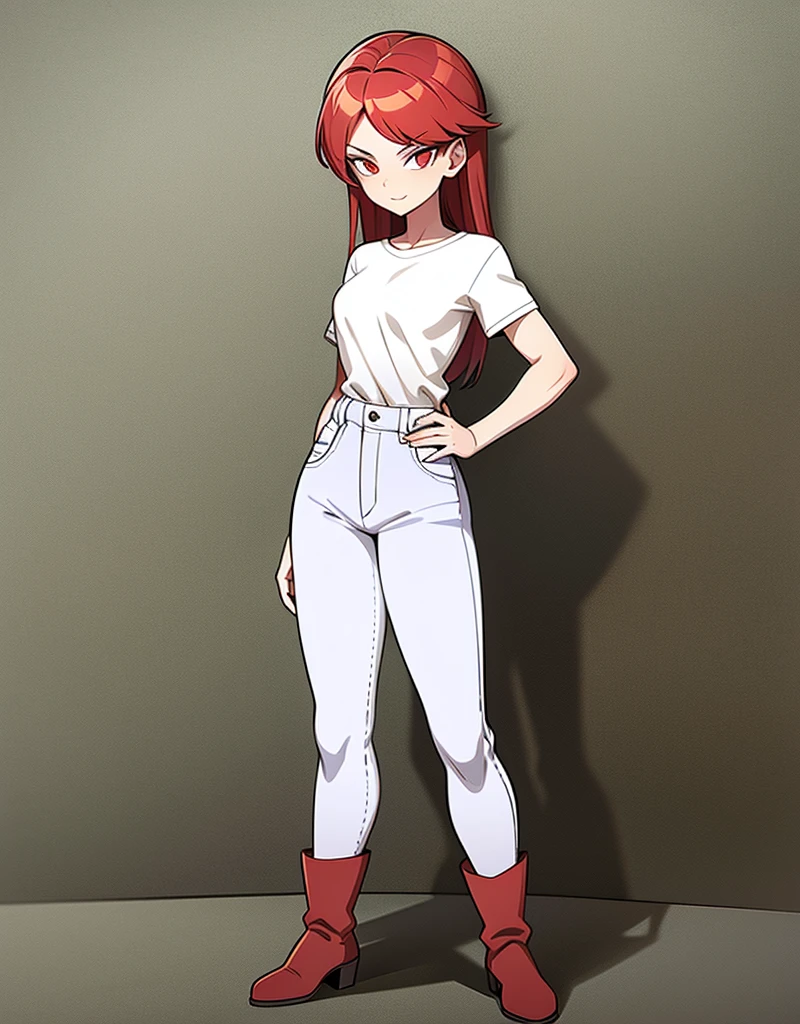 young girl, good body, sexy body, bright red hair, long hair, with bright red eyes, bright Eyes, White shirt, bright blue denim pants, short brown boots with white, standing, pose standing, eyes with red edges, eyes with red lines, eyes with red eyeliner