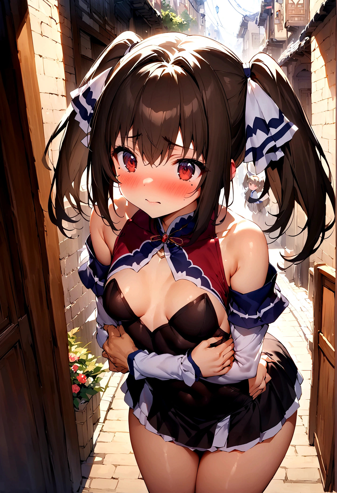 NSFW,masterpiece,Highest quality,High resolution,Super detailed,Nekone \(Utawarerumono\),Brown Hair、（Red Eye：1.3）、ribbon,Twin tails、ヘアribbon、Mole、目の下のMole,Small breasts,Fantasy World,Shopping Street,Alley,Japanese style,Removable sleeves,mini skirt,leotard,Half-naked,Open clothes,Embarrassed,blush,(Seduce),(Adult male),(A man puts his hands on her waist and hugs her),(Molester),Circling the body,hug