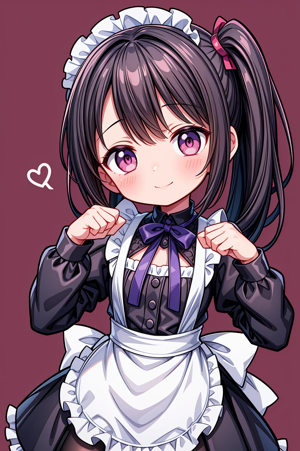 (Highest image quality), (highest quality), (masterpiece), (dynamic lighting), (photo realism), maid uniform, detailed face, (()), ((girl)), (little curve), short black hair, one side ponytail hairstyle, pink eyes, ((very small bust)), (apron), smile, winking, kitchen background, ((very blushing)), ((detailed hands and fingers)), hands on the hips, viewer perspective from below, (blush), more detailed, EasyNegativeV2