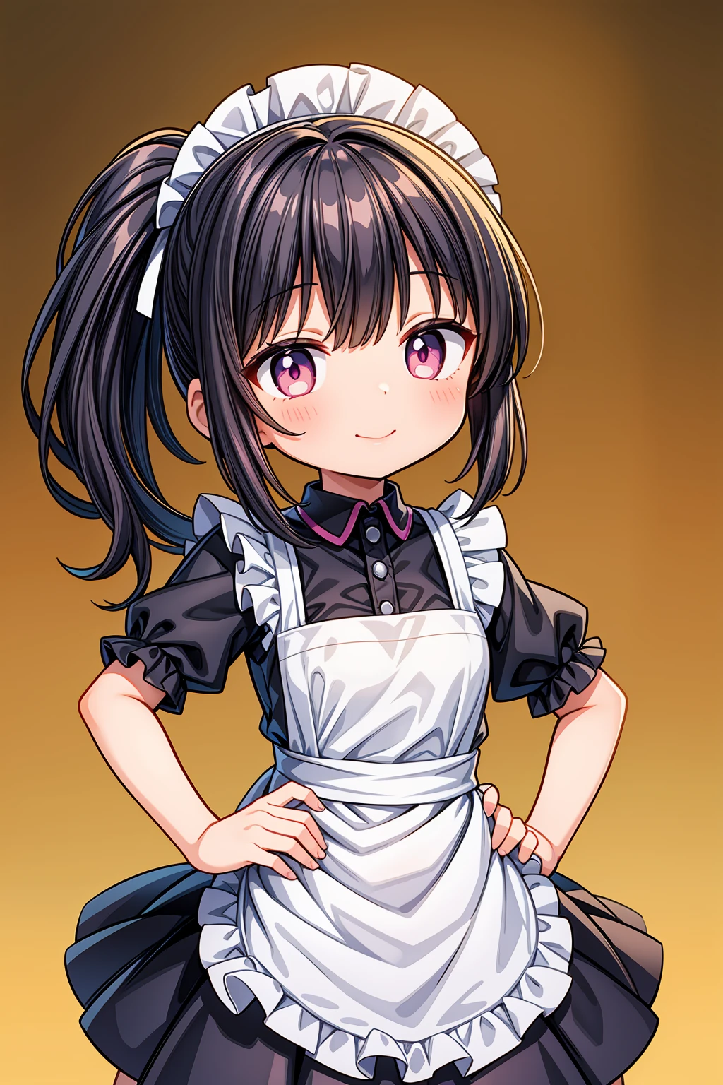 (Highest image quality), (highest quality), (masterpiece), (dynamic lighting), (photo realism), maid uniform, detailed face, ((loli)), ((girl)), (little curve), short black hair, one side ponytail hairstyle, pink eyes, ((very small bust)), (apron), smile, winking, kitchen background, ((very blushing)), ((detailed hands and fingers)), hands on the hips, viewer perspective from below, (blush), more detailed, EasyNegativeV2