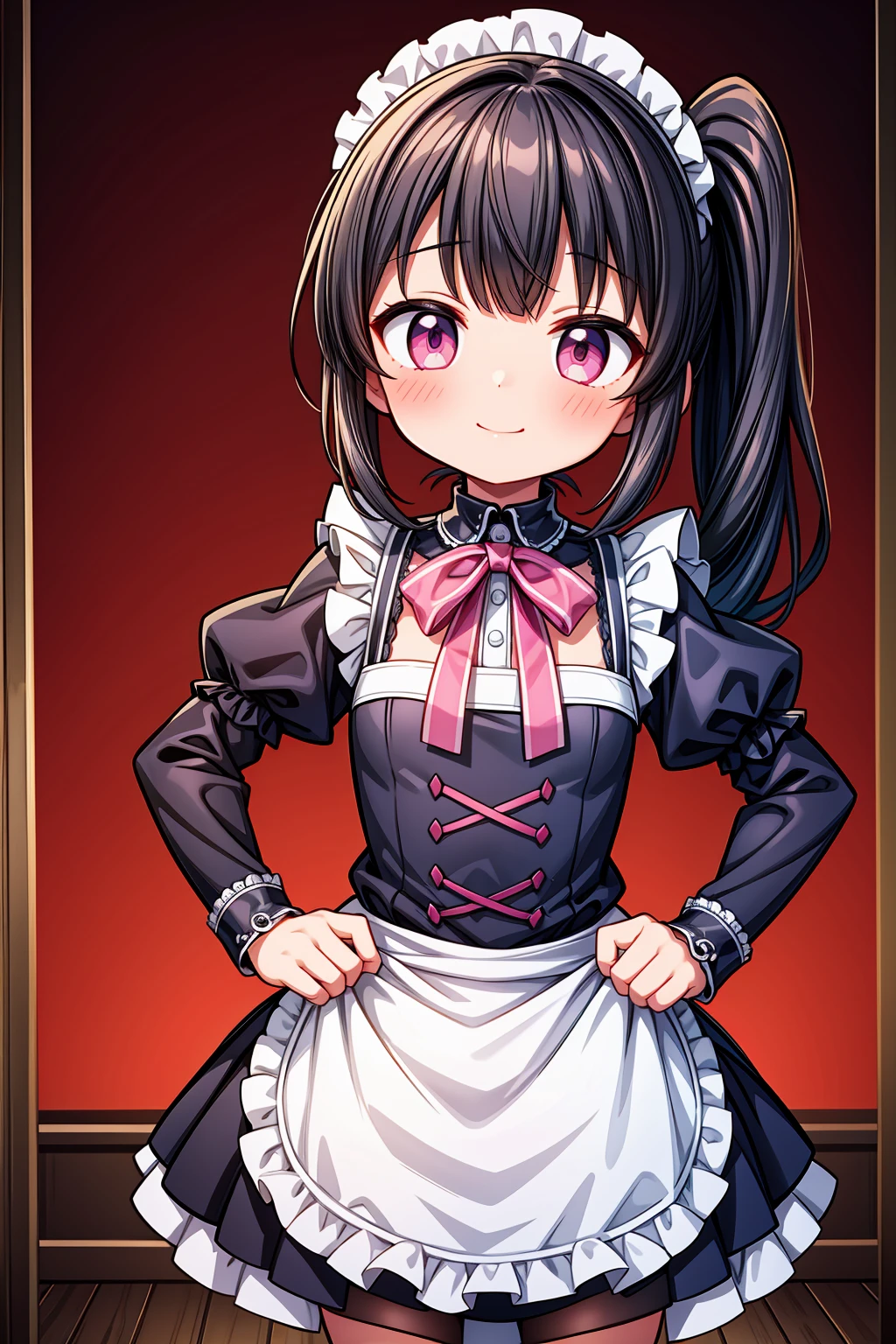 (Highest image quality), (highest quality), (masterpiece), (dynamic lighting), (photo realism), maid uniform, detailed face, ((loli)), ((girl)), (little curve), short black hair, one side ponytail hairstyle, pink eyes, ((very small bust)), (apron), smile, winking, kitchen background, ((very blushing)), ((detailed hands and fingers)), hands on the hips, viewer perspective from below, (blush), more detailed, EasyNegativeV2