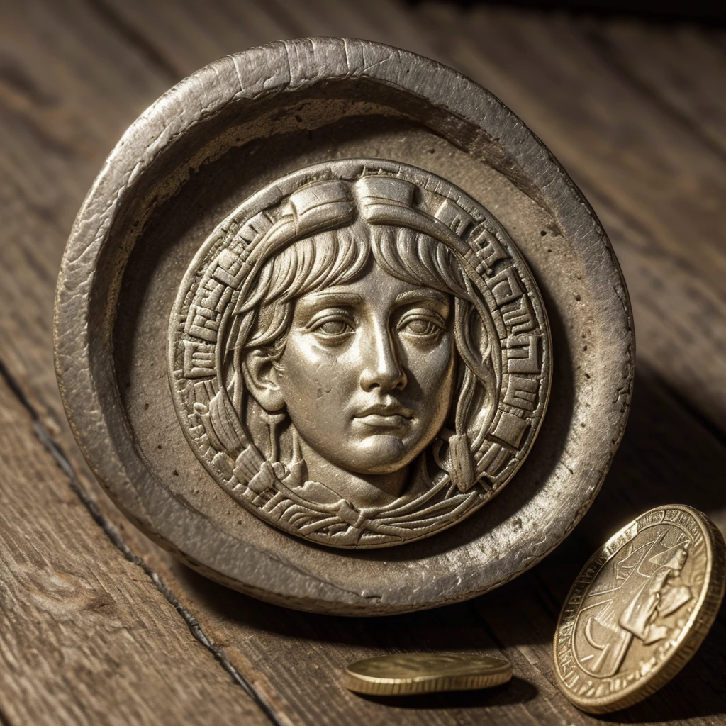 Create an ancient coin representing the courage of stoicism