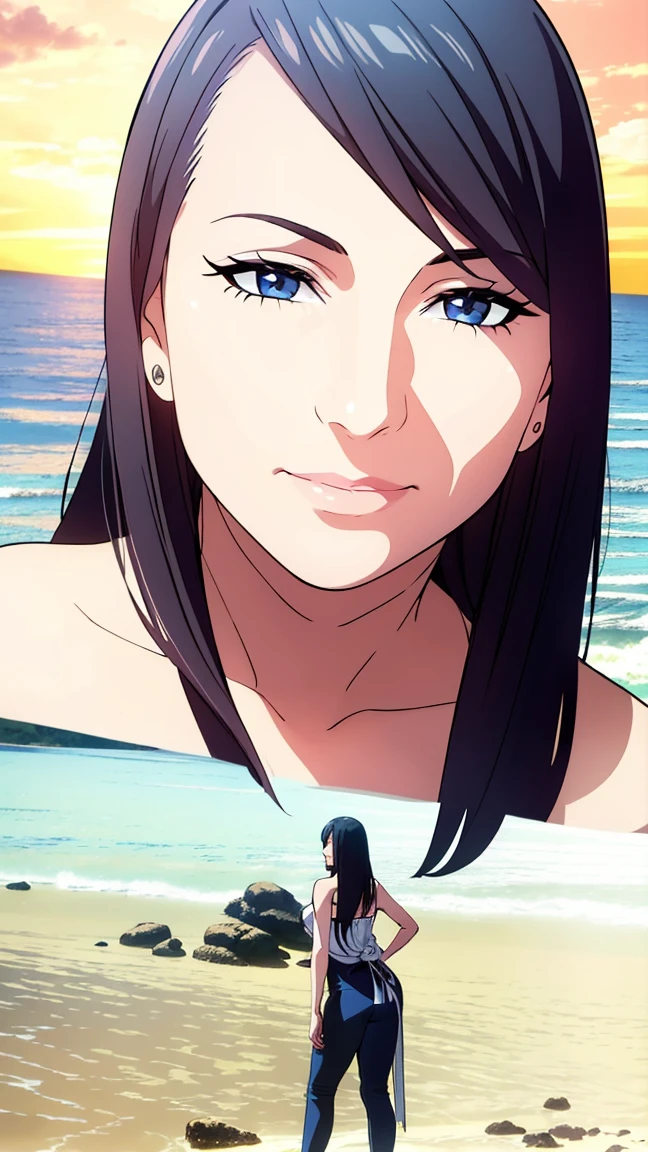 1girl with long black hair, detailed realistic face, beautiful detailed eyes, beautiful detailed lips, extremely detailed face, long eyelashes, woman standing on the beach, ocean waves, golden sunset sky, soft sand, tropical plants, photorealistic, 8k, high resolution, intricate details, cinematic lighting, vibrant colors, dramatic lighting, volumetric lighting, realistic skin textures, realistic clothing textures, hyper detailed, masterpiece