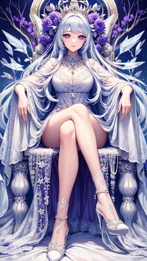 high detailed, high detailed face, 8k resolution, more detailed dress, long dress, mature woman, adult, beautiful face, white long hair, fabulous fancy purple long queen dress, ice queen, ice dress, ice organic curvly throne, extensious dress, heels, fade out slnow forest and mountain background, dark fantasy style, digital illustration, goddess aura, beauty aspects, gentile expressions, detailed face, very detailed, light from above holy aura, imponent prescence, light holofot, high quality shadows, sunrise light