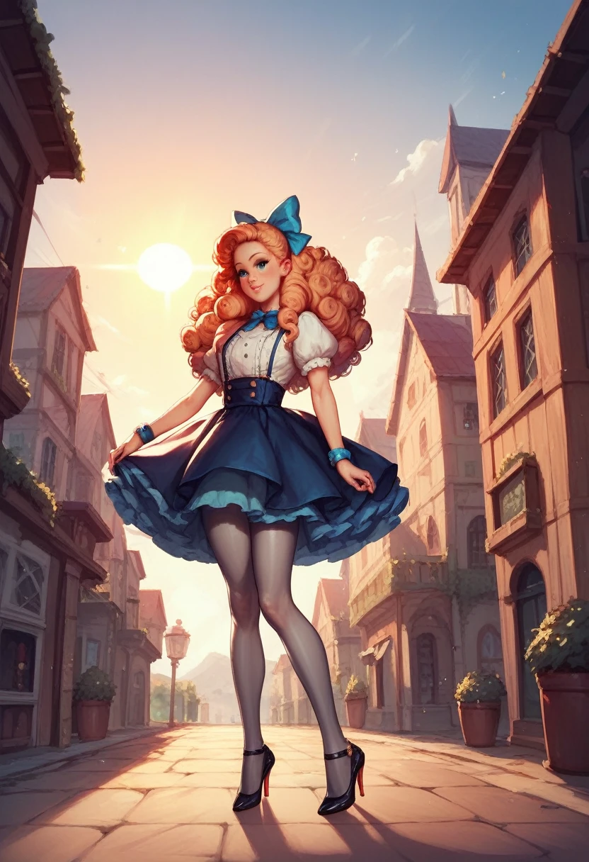 ,  very curly puffy hair,  head bow,  very tiny miniskirt,  FULL DETAILED GRAY PANTYHOSE,  high heels,  sun shiny day 