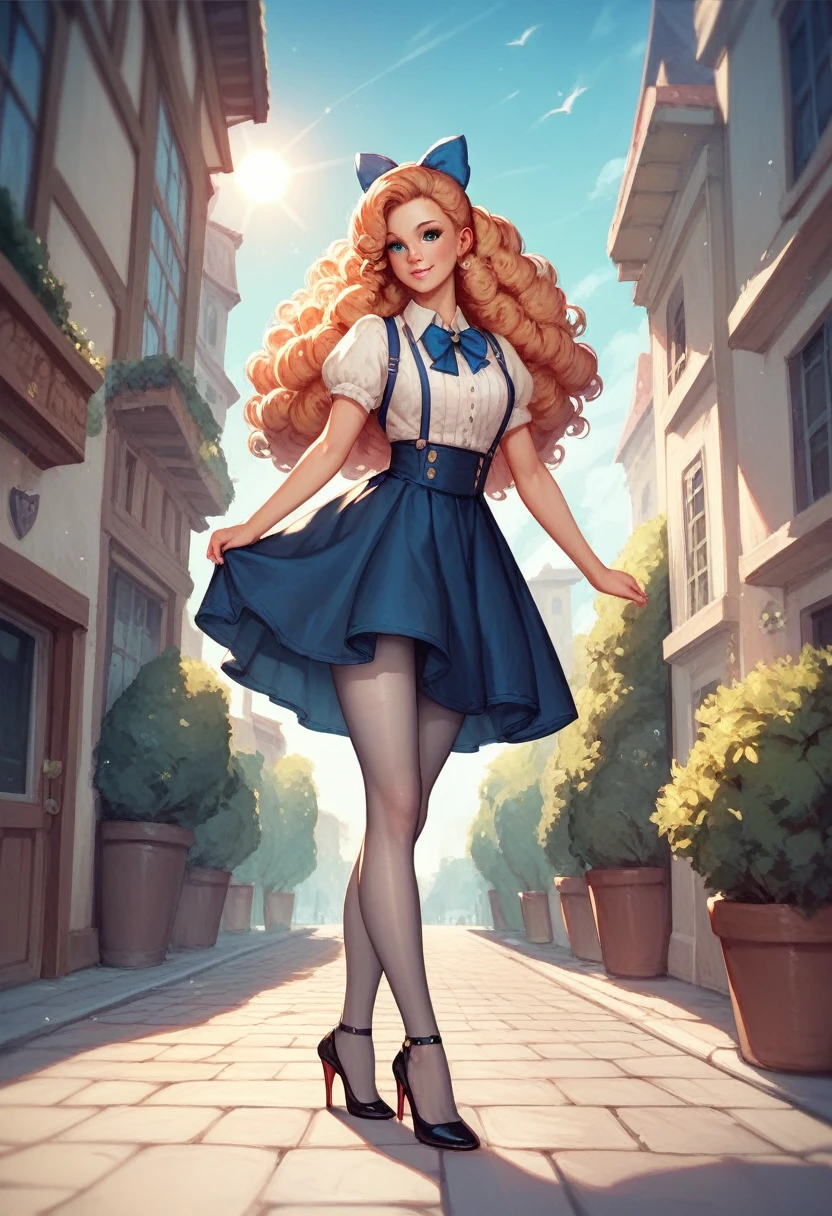 , very curly puffy hair, head bow, very tiny miniskirt, FULL DETAILED GRAY PANTYHOSE, high heels, sun shiny day