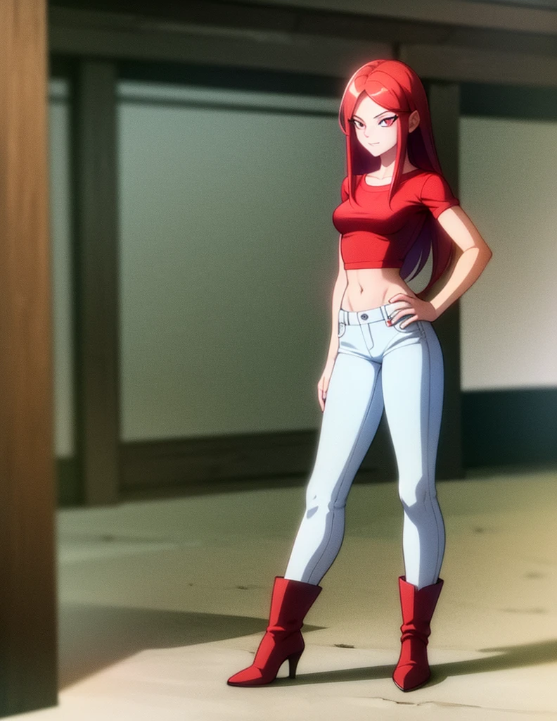 young girl, good body, sexy body, bright red hair, long hair, with bright red eyes, bright Eyes, White shirt, bright blue denim pants, short brown boots with white, standing, pose standing, eyes with red edges, eyes with red lines, eyes with red eyeliner