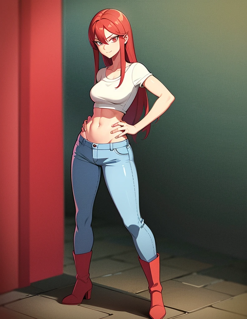 young girl, good body, sexy body, bright red hair, long hair, with bright red eyes, bright Eyes, White shirt, bright blue denim pants, short brown boots with white, standing, pose standing, eyes with red edges, eyes with red lines, eyes with red eyeliner