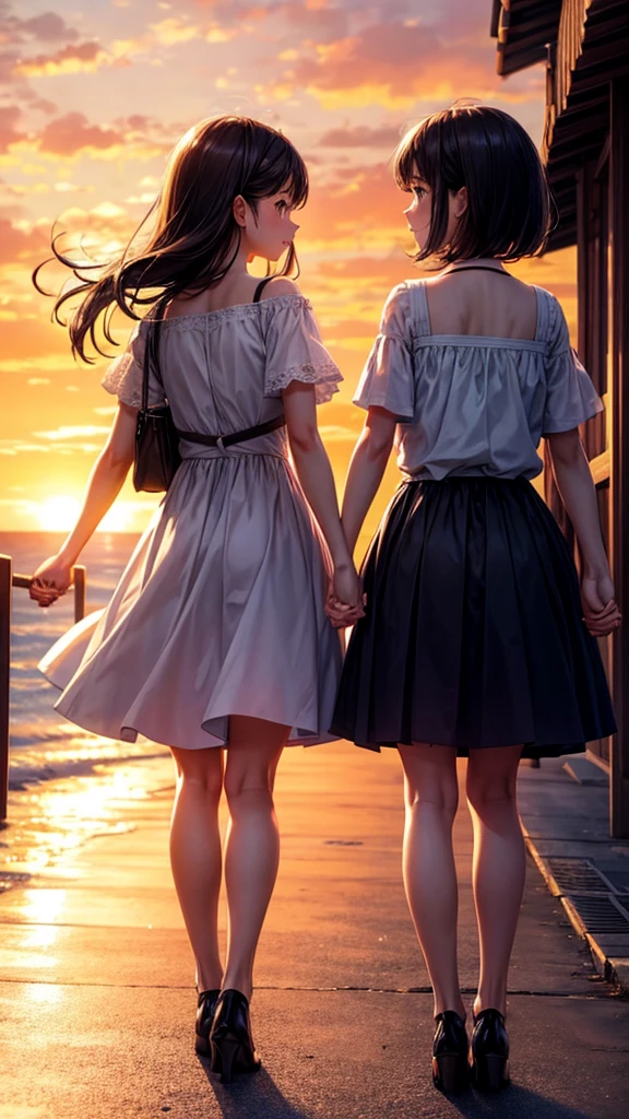Two girls holding hands at sunset