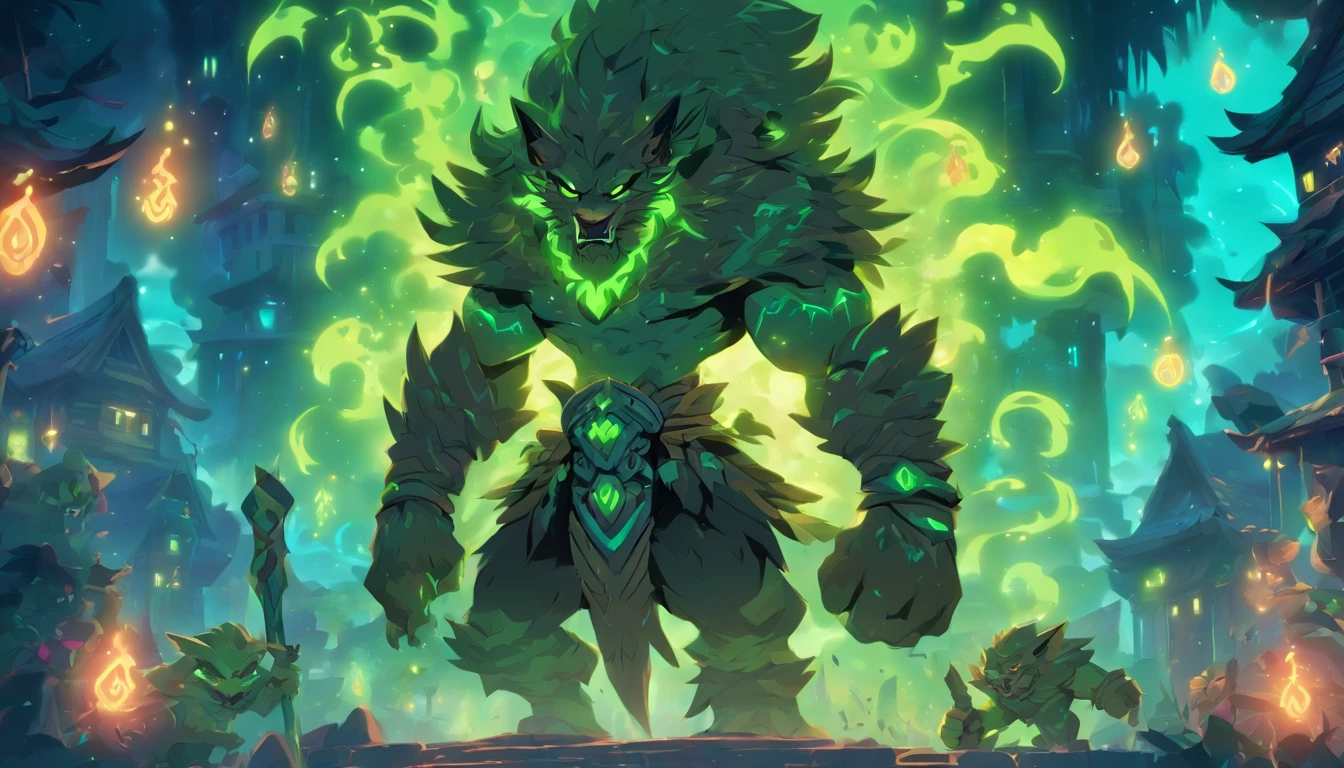 Old anime style, artbook, comicbook, RPG, futuristic tribal, tribalpunk.  Magical werewolf goblin, wearing glowing magical tribal armor, stone skin with carved magic marks, dynamic pose, full body, goblin face with glowing magical tribal tattoos with lush tones, beast features, beast tail, beast fur on Goblin ears , bright eyes, using a magic long spear with glowing magic marks.  A magical village in a kingdom of a mystical ancient civilization, with buildings with neon details, with magical vegetation mixed in with the huts.  Wide scenery, cinematic scene with several layers of depth, dynamics, magical lighting.