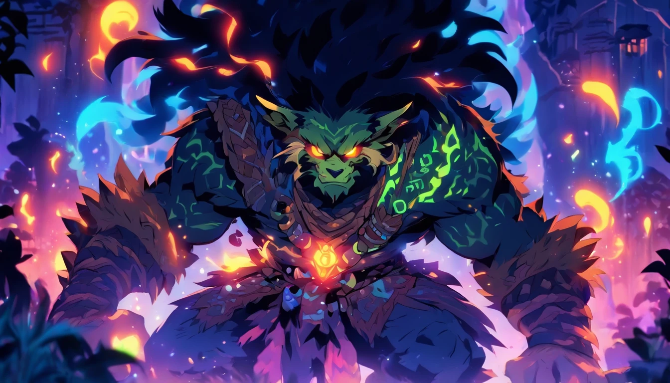 Old anime style, artbook, comicbook, RPG, futuristic tribal, tribalpunk. Magical werewolf goblin, wearing glowing magical tribal armor, stone skin with carved magic marks, dynamic pose, full body, goblin face with glowing magical tribal tattoos with lush tones, beast features, beast tail, beast fur on Goblin ears , bright eyes, using a magic long spear with glowing magic marks. A magical village in a kingdom of a mystical ancient civilization, with buildings with neon details, with magical vegetation mixed in with the huts. Wide scenery, cinematic scene with several layers of depth, dynamics, magical lighting.