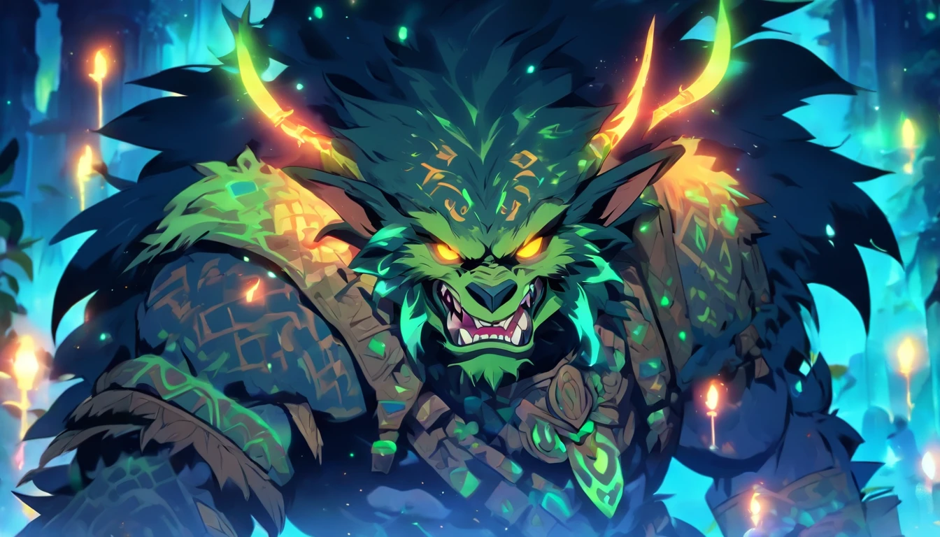 Old anime style, artbook, comicbook, RPG, futuristic tribal, tribalpunk.  Magical werewolf goblin, wearing glowing magical tribal armor, stone skin with carved magic marks, dynamic pose, full body, goblin face with glowing magical tribal tattoos with lush tones, beast features, beast tail, beast fur on Goblin ears , bright eyes, using a magic long spear with glowing magic marks.  A magical village in a kingdom of a mystical ancient civilization, with buildings with neon details, with magical vegetation mixed in with the huts.  Wide scenery, cinematic scene with several layers of depth, dynamics, magical lighting.