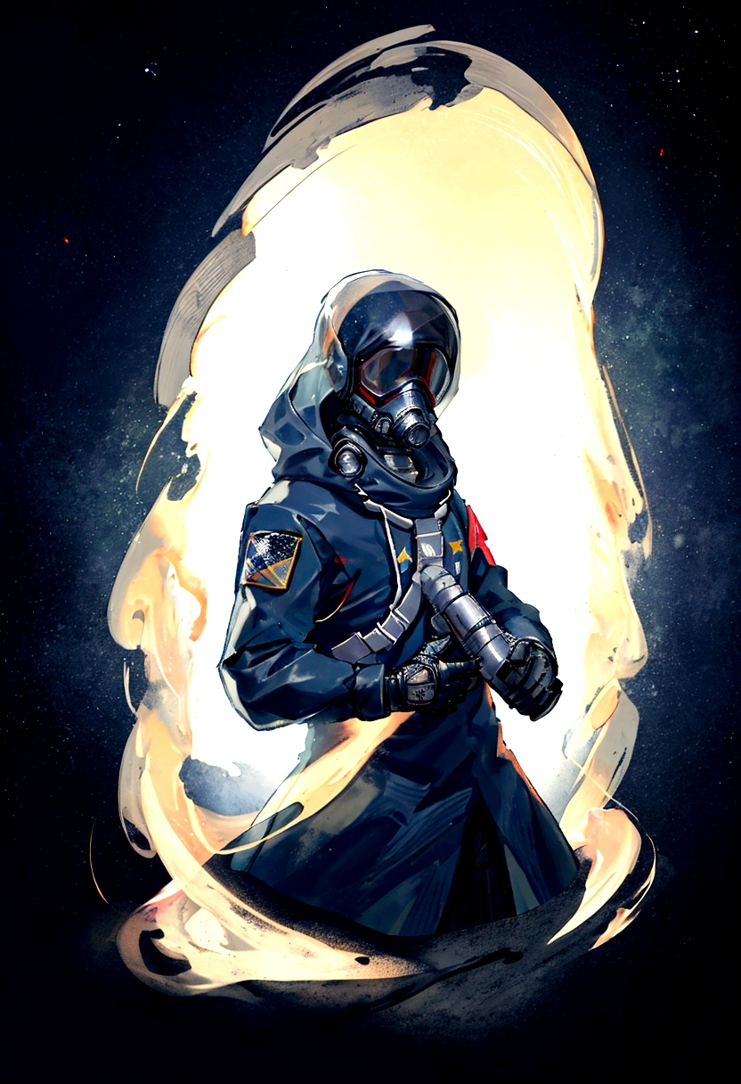 undead astronaut floating in space, gas mask , void of stars in the background