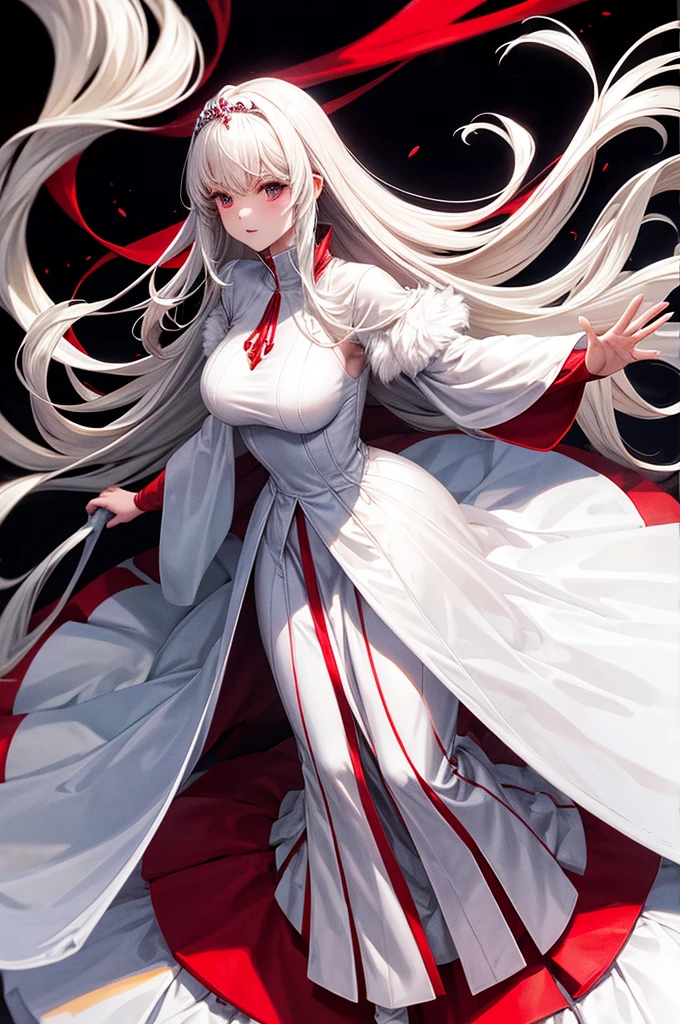 White and red medieval dress, Super voluminous skirt, Round Princess Skirt, High throat, Cover the body from neck to toe, Covered neck, Wearing a long black fur jacket, white, translucent, A soft dress, 