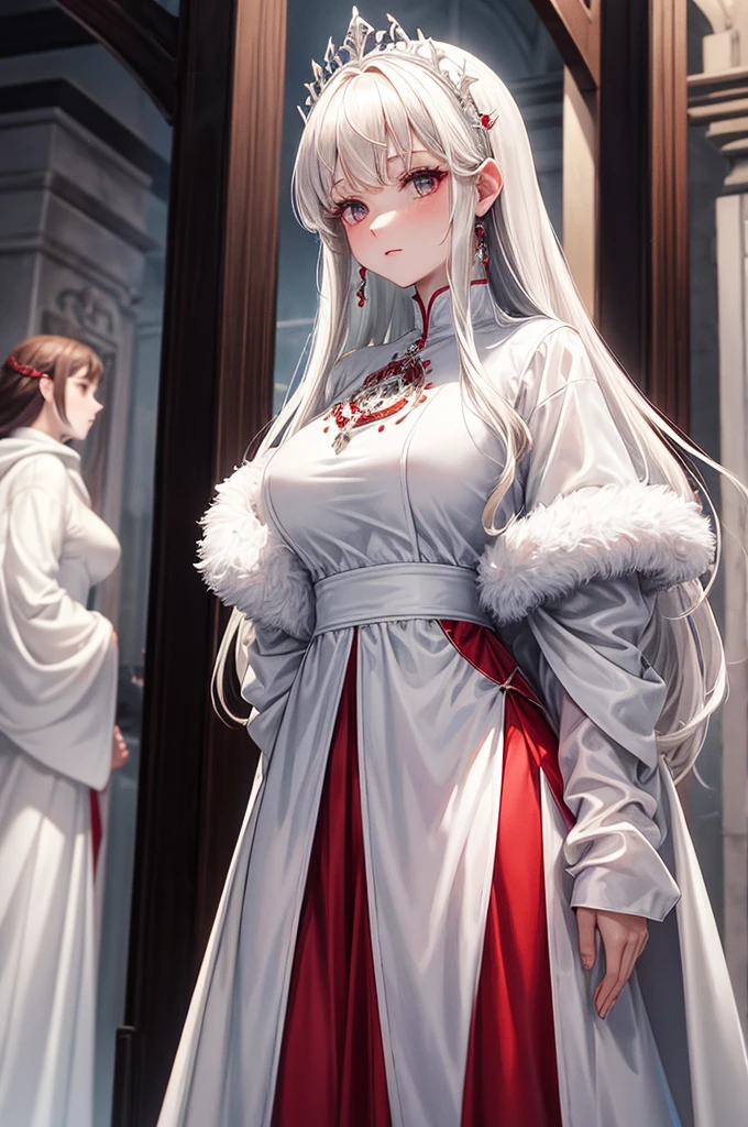 White and red medieval dress, Super voluminous skirt, Round Princess Skirt, High throat, Cover the body from neck to toe, Covered neck, Wearing a long black fur jacket, white, translucent, A soft dress, 