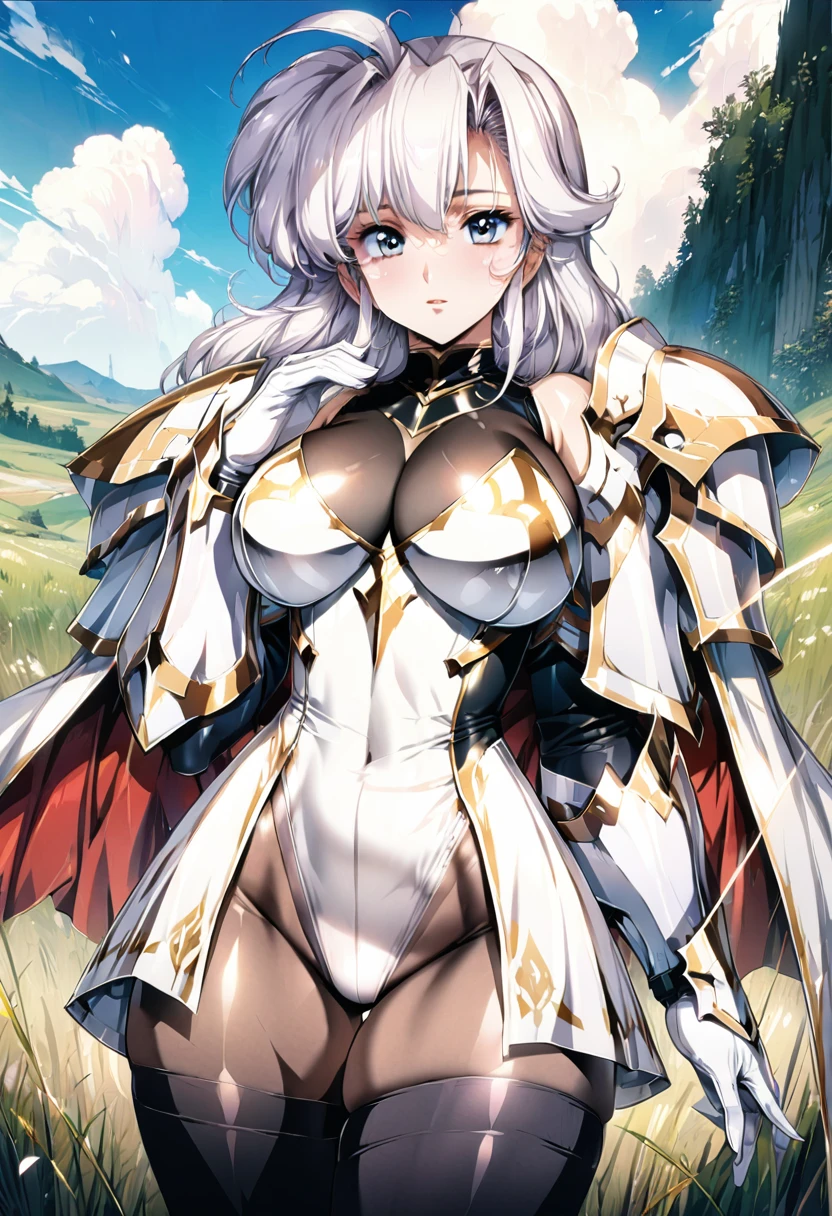 ((highest quality)), ((masterpiece)), ((hyperrealistic)), (detailed background), anime style, solo, shoot from below, 1girl, ((curvy: 1.2)), kawaii, paladin, ((Lamé racing leotard)), ((catsuit leotard)), (paladin armor), (breastplate armored dress), cloak de cour, gauntlet, gloves, white hair, ahoge, (huge breasts), see-through cleavage cutout, (zettai ryouiki black thigh high socks), (black see-through pantyhose thighs), (See-through pantyhose groin area), beautiful eyes, perfect face, Perfect hands, perfect fingers, Blue sky and grassland,