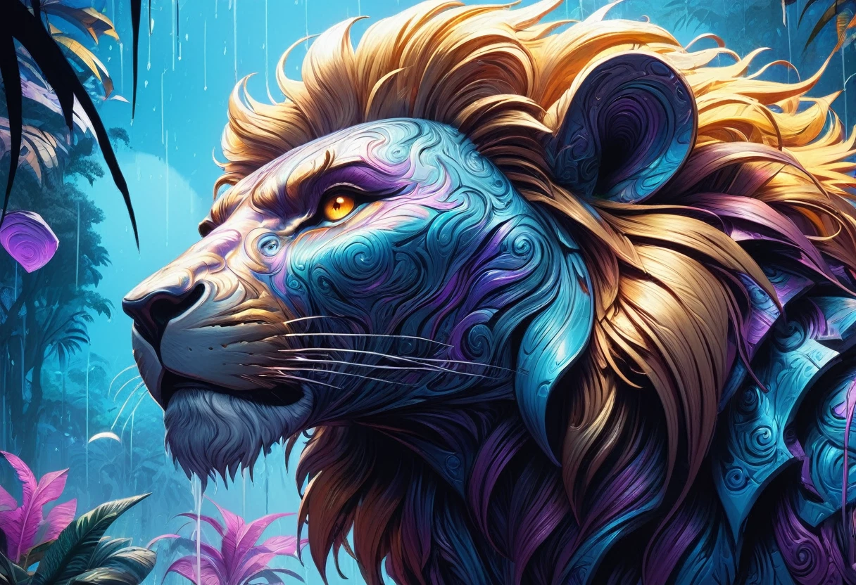 Dream illustration, Fairytale-like, oil, 8K, High resolution, (d4m4scusスタイル:1.3) The giant lion roared, background, downpour, Beautiful and lush tropical rainforest, High resolution, Golden, Light blue, Light violet, Moonshine Color, full moon, Chilly lighting atmosphere (Digital drawing:1.2), Comic book style, Toon You Style, Illustrative Funk, Counterwave Graffiti, Perspective, Extreme face close up, T-Shirt Graphics, Ultra High resolution, Realistic, Vibrant colors, Very detailed, Ultra High resolution drawing, Pen and ink, Perfect composition, Beautiful and sophisticated、Highly detailed Octane renderings are trending on Art Station, 8K Art Photography, Photorealistic concept art, Perfect cinematic light with soft, natural volume, d4m4scus