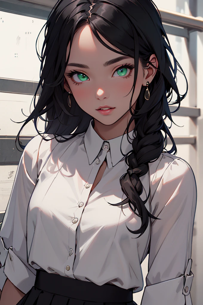 1 girl, full body, looking at viewer, beautiful detailed eyes, beautiful detailed lips, extremely detailed beautiful face, black hair, green eyes, long hair, low-cut white blouse, tight black skirt