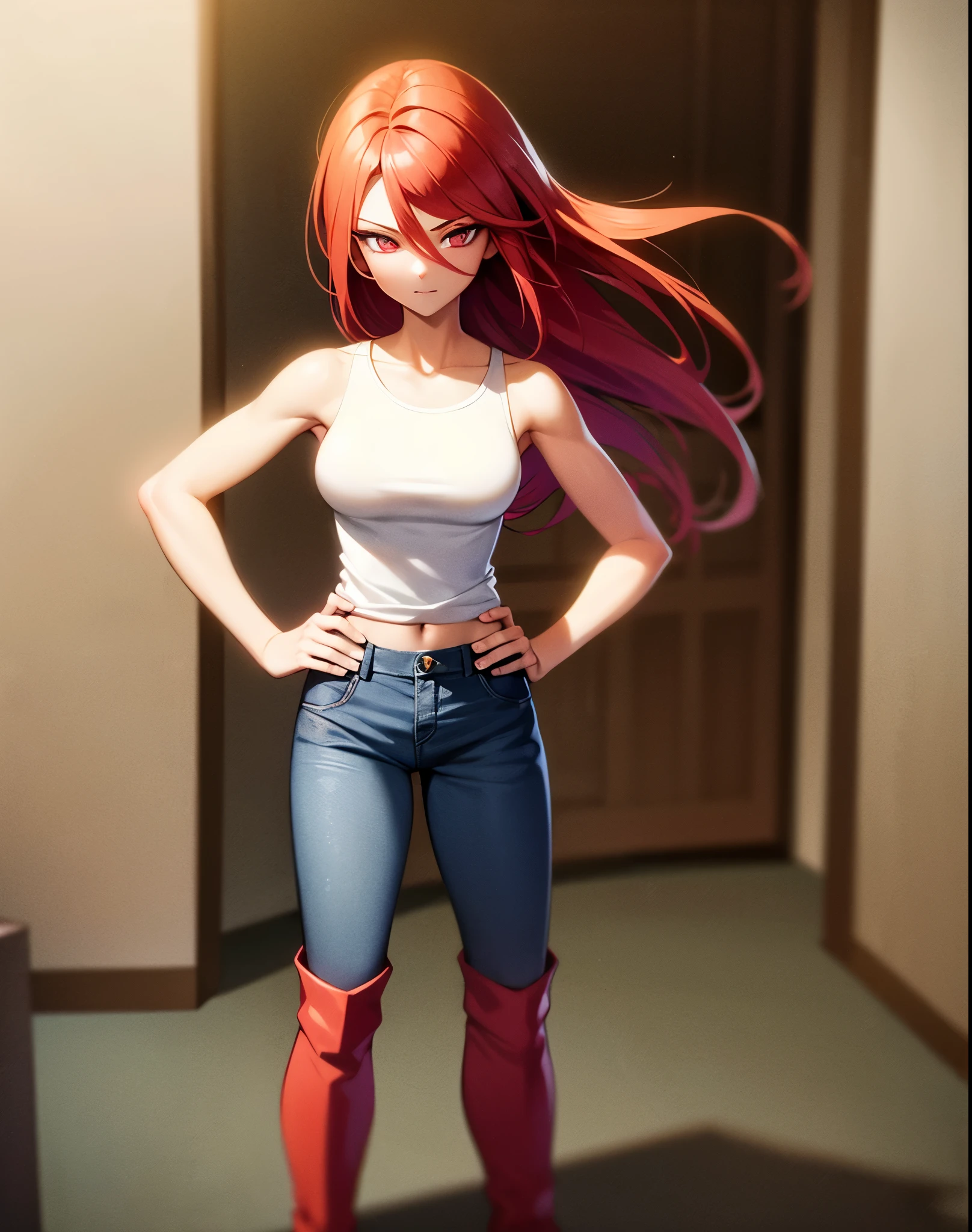 young girl, good body, sexy body, bright red hair, long hair, with bright red eyes, bright Eyes, White shirt, bright blue denim pants, short brown boots with white, standing, pose standing, eyes with red edges, eyes with red lines