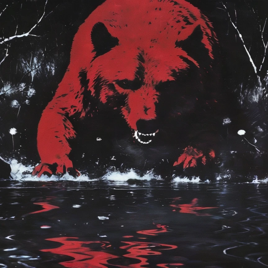 giant horror bear in water, red winter forest background