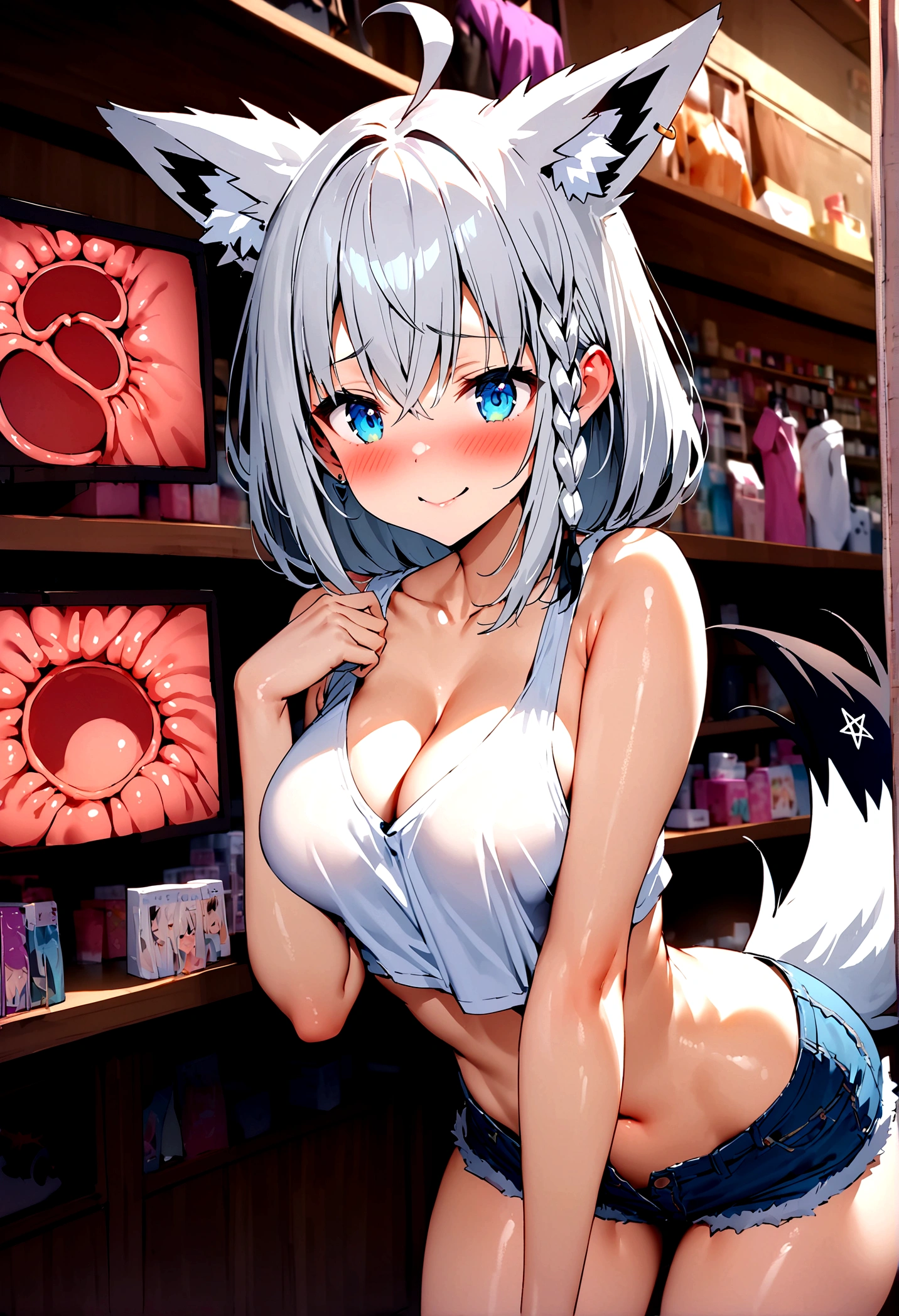 NSFW,masterpiece,Highest quality,High resolution,Super detailed,Shirakami Fubuki\(Hololive\),Gray Hair、One-sided braid、Ahoge、Earrings,Fox ears,Fox tail,Crop top shirt,Sleeveless,Cleavage,Low-rise denim shorts,Embarrassed,blush,Expecting face,Bewitching Smile,Sexy smile,(Adult Shop),(Underwear section),(Naughty shop),Cute pose,Date,(Seduce),(Having sex)