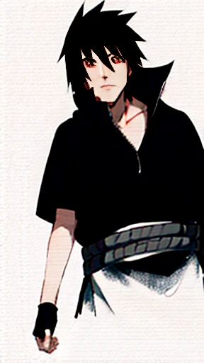 black and white image art, best quality, ultra-detailed, illustration, Sasuke Uchiha A black-haired, black-eyed man looks at the camera with a serious look on his face.